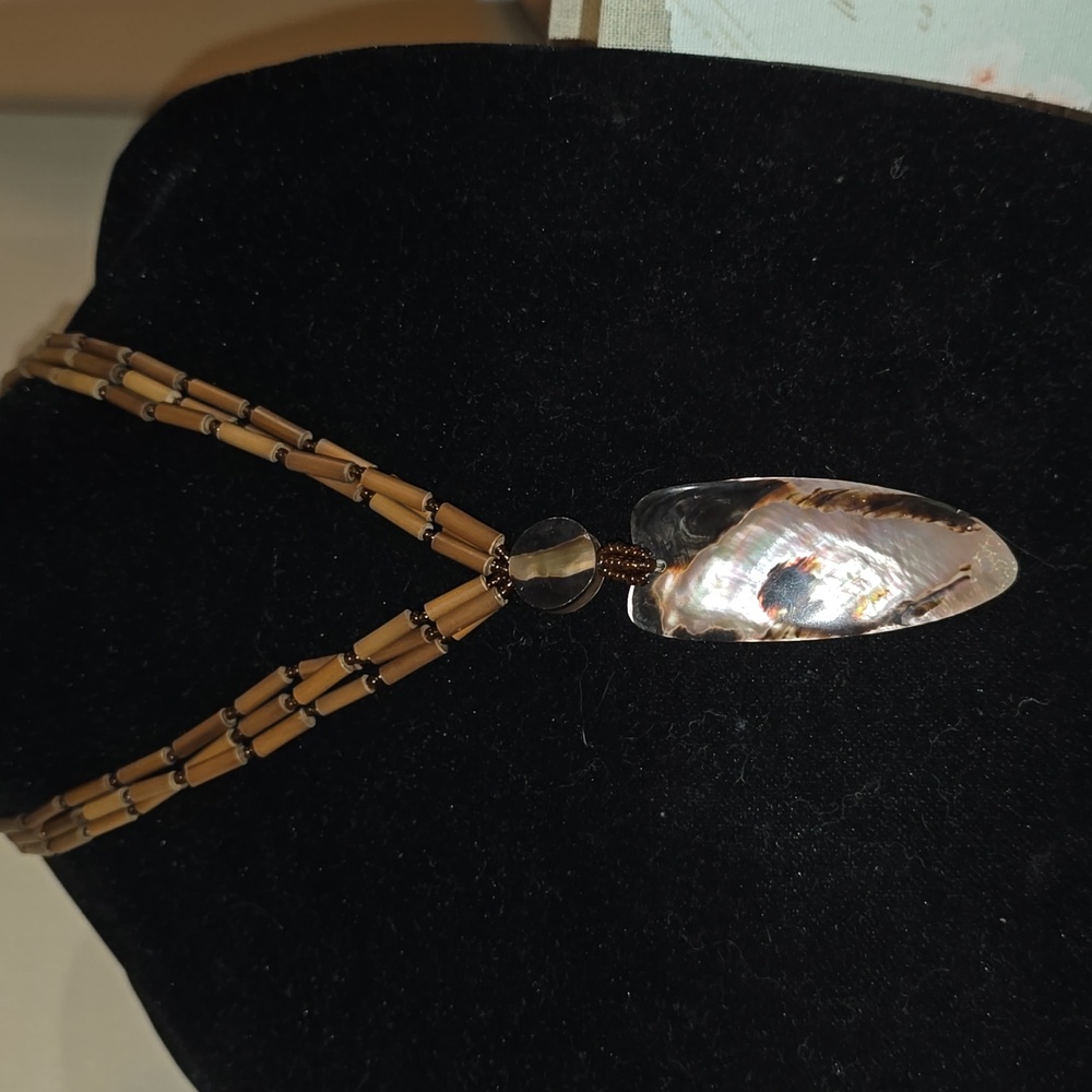 Wood beads and gorgeous shell pendant J30